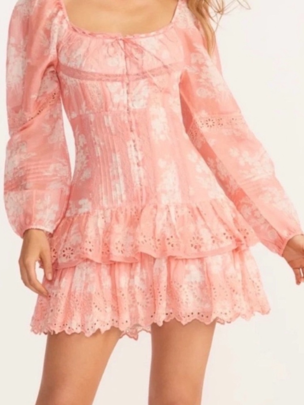 LoveShackFancy Coral Pink Eyelet Tiered Mini Dress